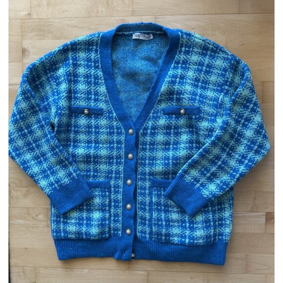ZARA CHECK KNIT CARDIGAN LONG BLUE RETRO V-NECK FAUX PEARL BUTTON Small - Picture 2 of 4